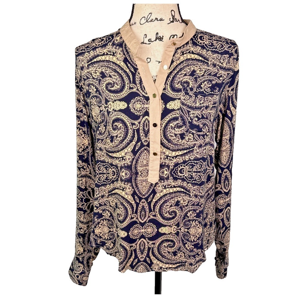 Griffin Paris Tunic Blouse Womens L Paisley Gold Tone Buttons Boho Chic Office